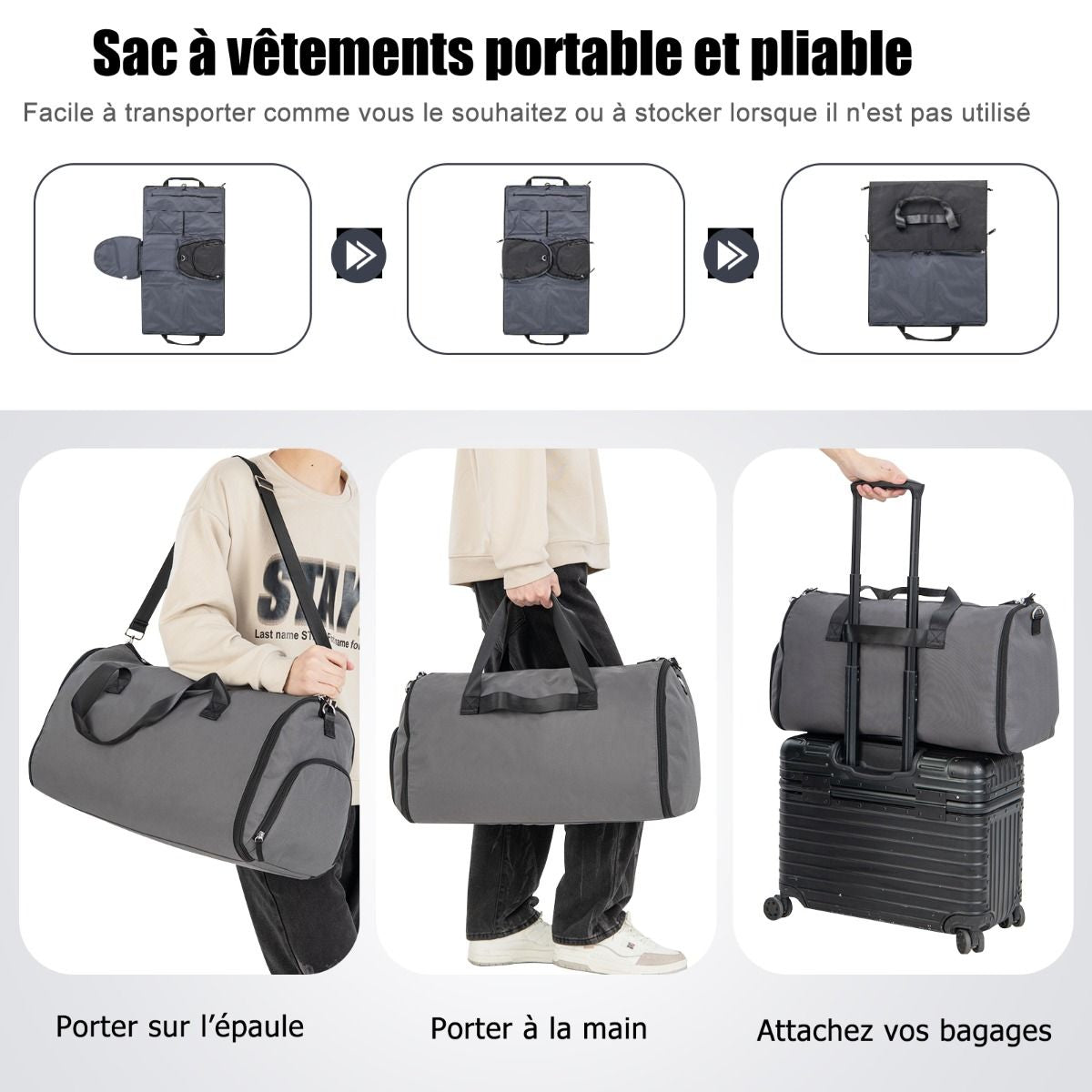 Sac À Vêtements De Cabine Sac De Sport Convertible 2 En 1 Avec Poche À Chaussures Bandoulière Réglable Et Amovible 50L Gris