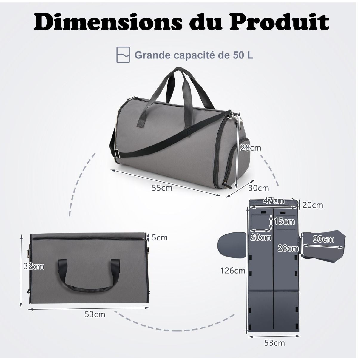 Sac À Vêtements De Cabine Sac De Sport Convertible 2 En 1 Avec Poche À Chaussures Bandoulière Réglable Et Amovible 50L Gris
