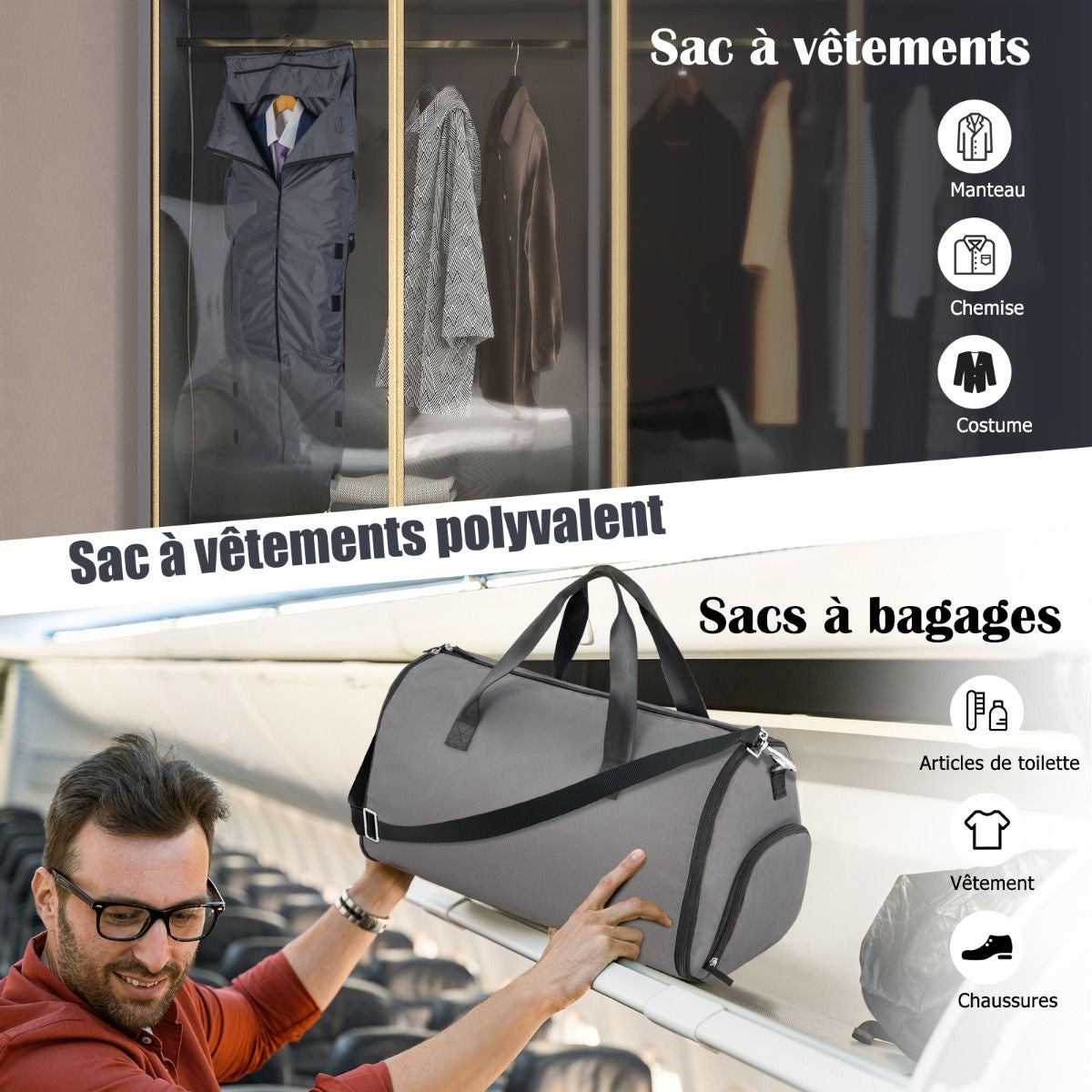 Sac À Vêtements De Cabine Sac De Sport Convertible 2 En 1 Avec Poche À Chaussures Bandoulière Réglable Et Amovible 50L Gris