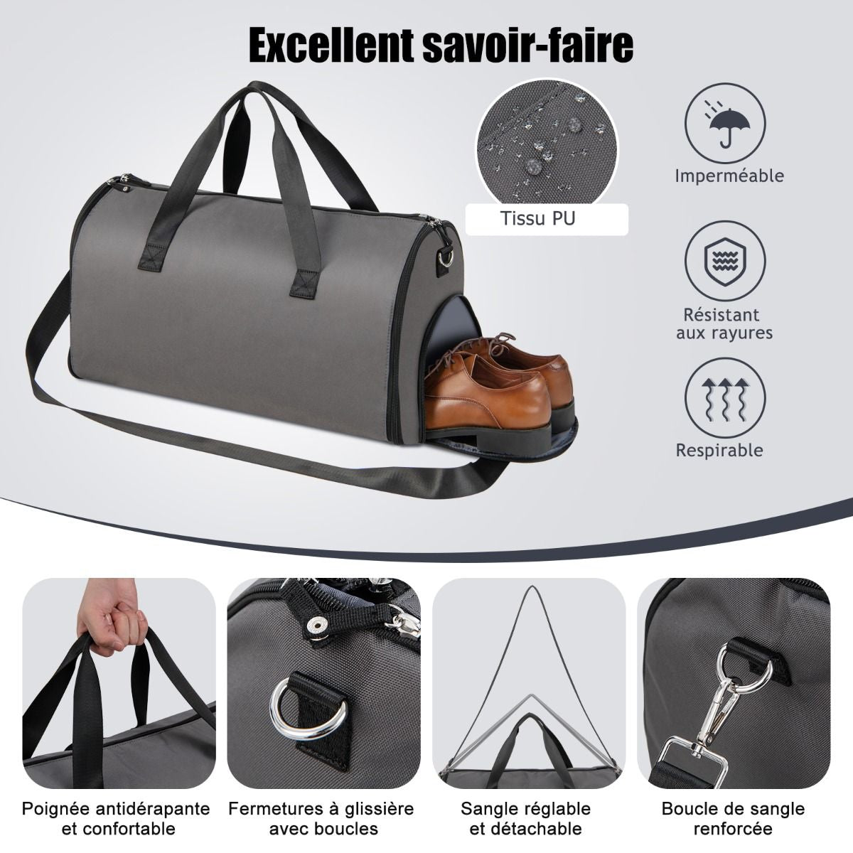 Sac À Vêtements De Cabine Sac De Sport Convertible 2 En 1 Avec Poche À Chaussures Bandoulière Réglable Et Amovible 50L Gris