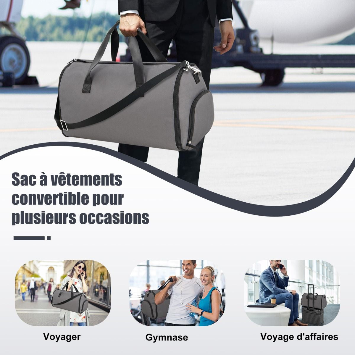 Sac À Vêtements De Cabine Sac De Sport Convertible 2 En 1 Avec Poche À Chaussures Bandoulière Réglable Et Amovible 50L Gris